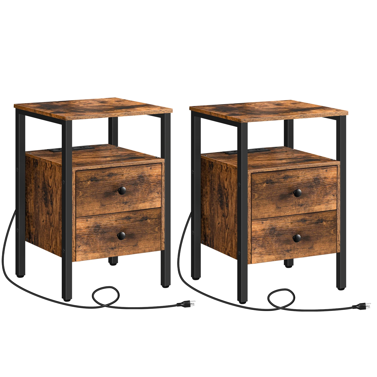 End Table with Charging Station and USB Ports, Side Table with Drawers and Storage Shelf, Set of 2, Bedside Table