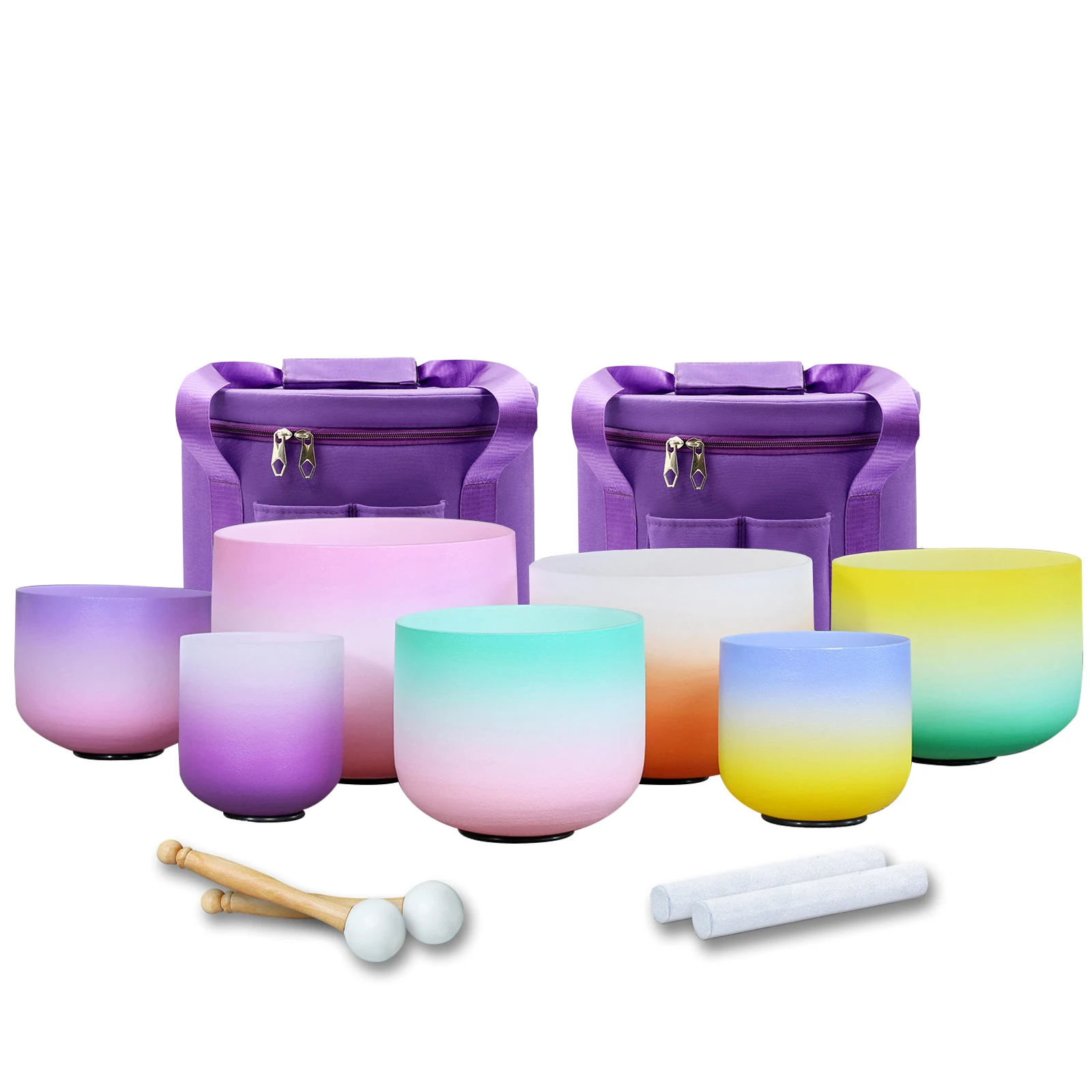 Hye-eun Perfect Pitch 6-12/7-12 inch Candy Color Chakra Sound Balls Set 7pcs Frosted Quartz Crystal Singing Bowl Set with Bag
