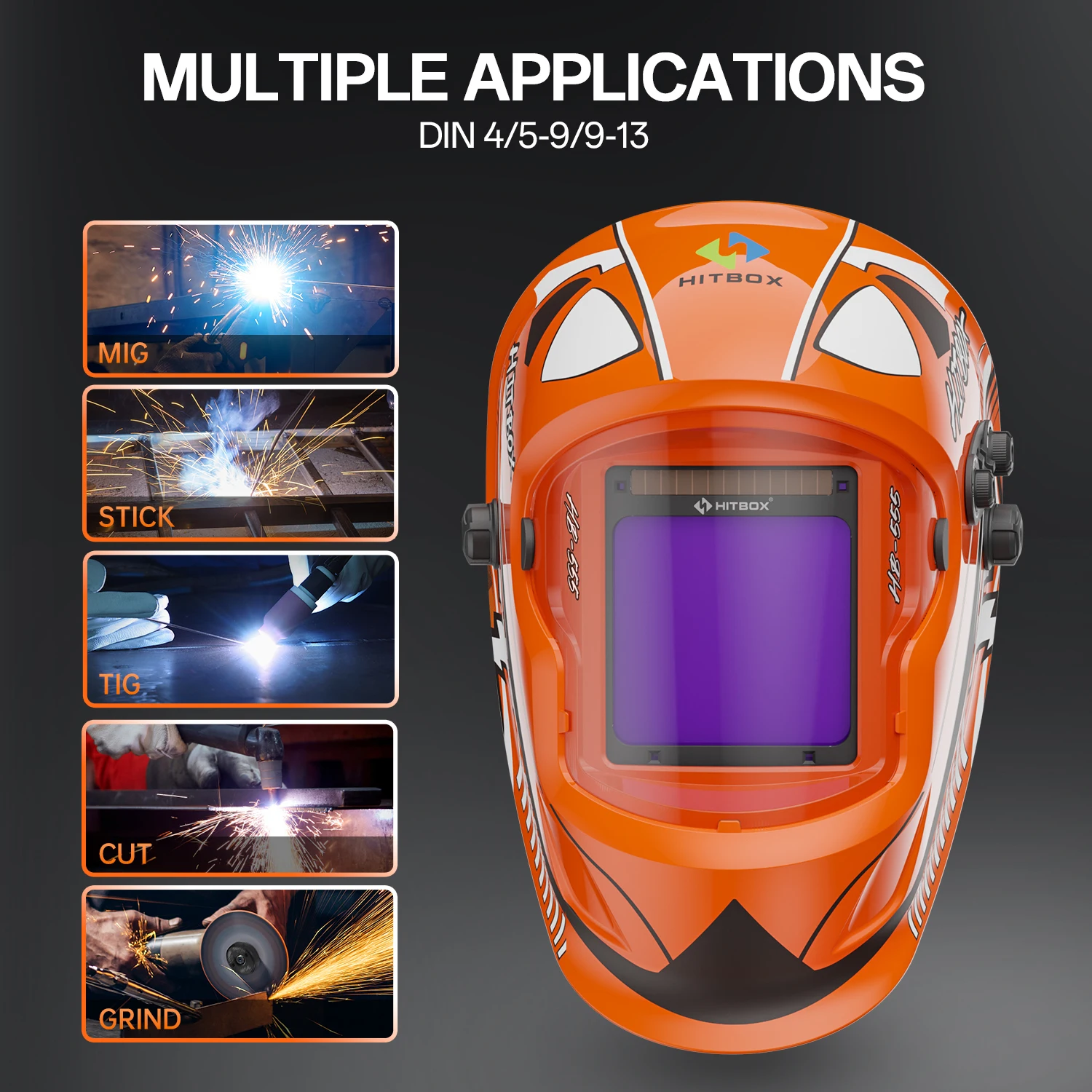 HITBOX True Color Auto Darkening Welding Helmet Large View 4 Sensors DIN4/5-9/9-13 Shade Grind Cut Weld Mode Adjustable Welder Hood HB-555 Helmet