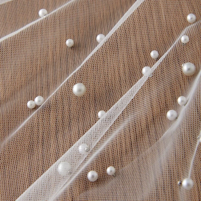 

White Pearl-Embellished Tulle Lace Fabric Bridal Gowns Wedding Dress Designer Textured Material Handmade Apparel Fashion Textile
