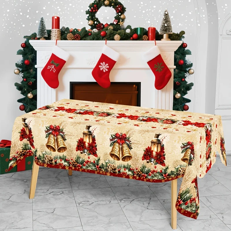 VIKAMA Christmas Tablecloth Rectangular Poinsettia Bell Lantern Waterproof Washable Retro Xmas Family Dinner Party Table Decor