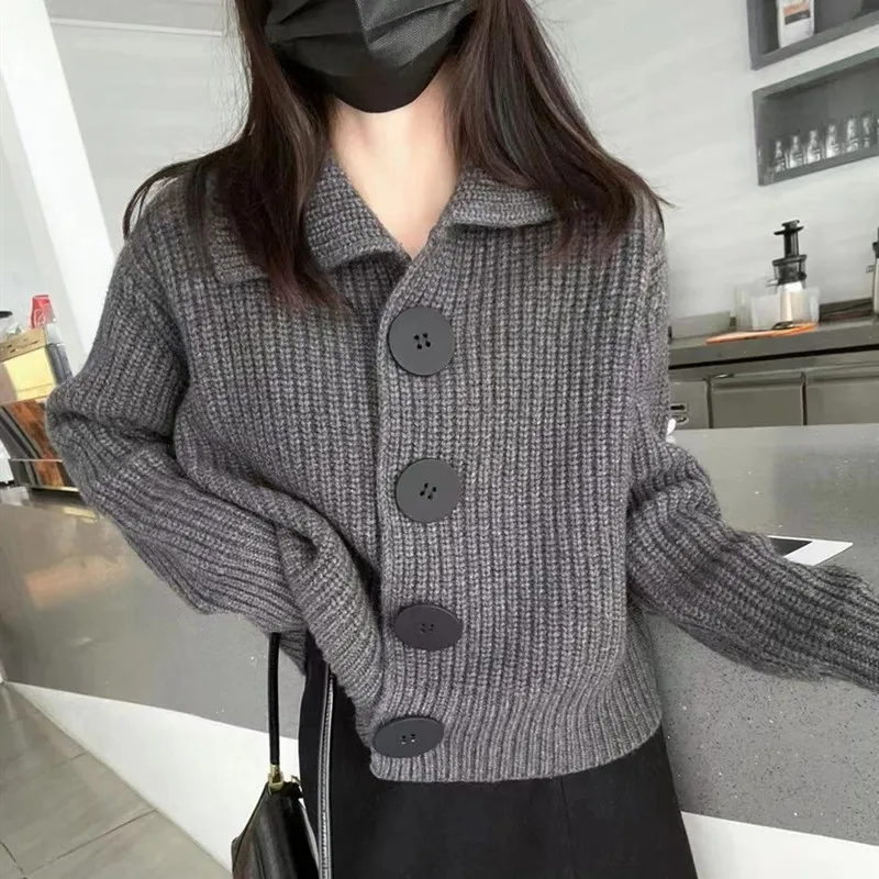 

Autumn Y2k Clothes Korean Fashion Women Turn-down Collar Long Sleeve Cardigan Chic Big Buttons Loose Sweater Knitted Warm Coat