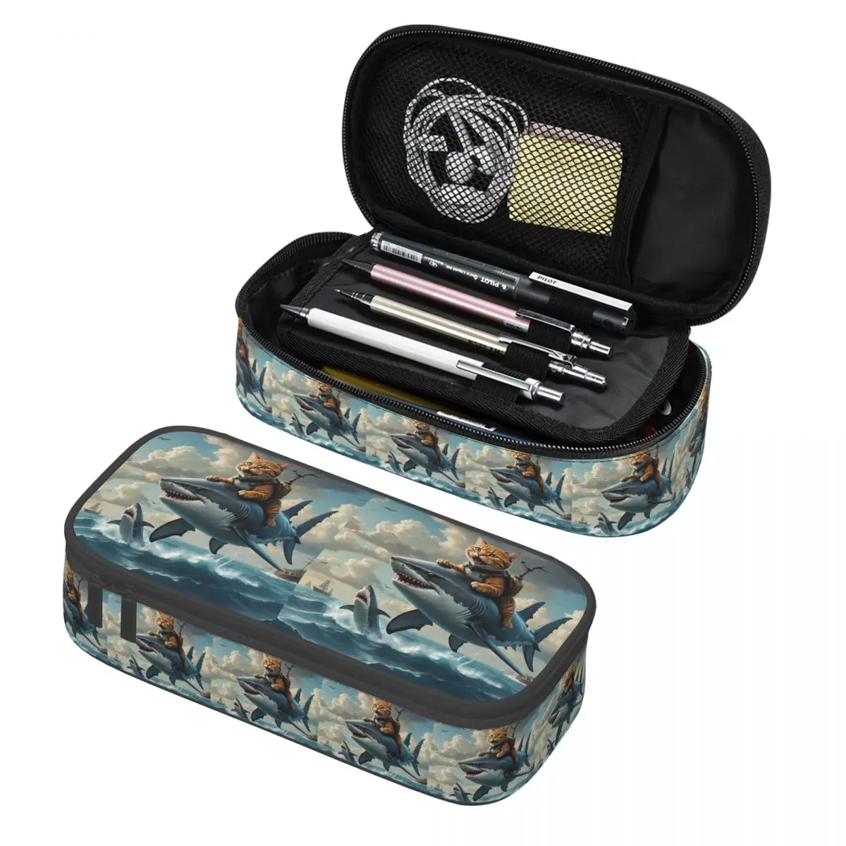 

Cat Riding A Shark On The Sea Pencil Cases Pen Holder Storage Stationery Supplies Large Storage Pen Box Pencil Bag for Students