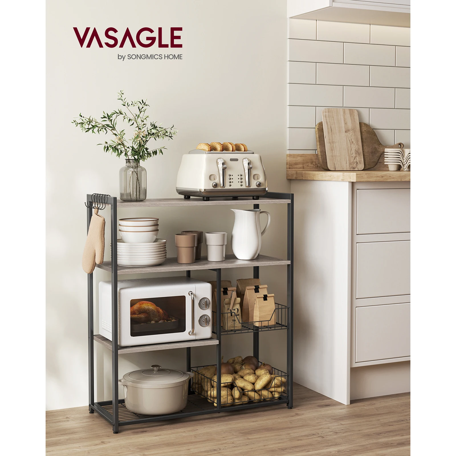 VASAGLE Kitchen Shelf with 2 Metal Mesh Baskets, Microwave Shelf, with Shelves and Hooks, 35 x 80 x 95 cm, Industrial Style