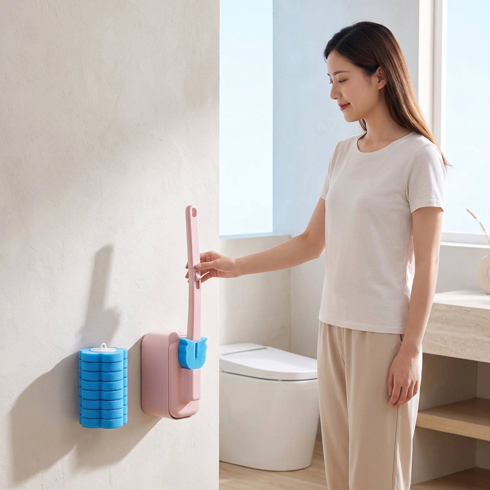 Wall-Mounted Toilet Brush Mess-Unobstructed Toilet Brush with Wall Holder Cleaning Tool Space-Saving Ergonomic for Renters
