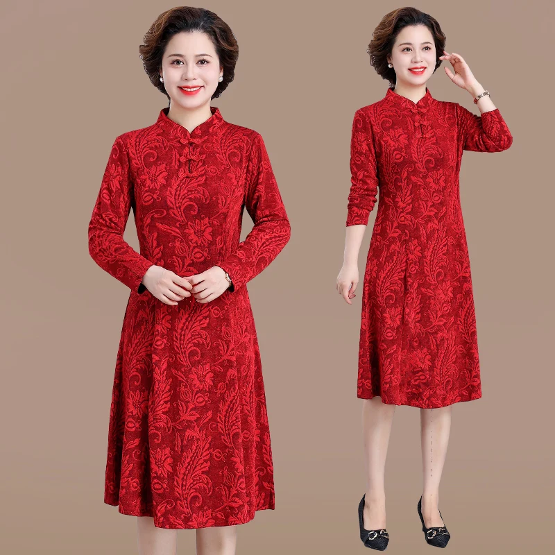 

Красная вельветовая юбка миди для женщин среднего возраста, модная корейская одежда с цветочным узором и высоким воротником