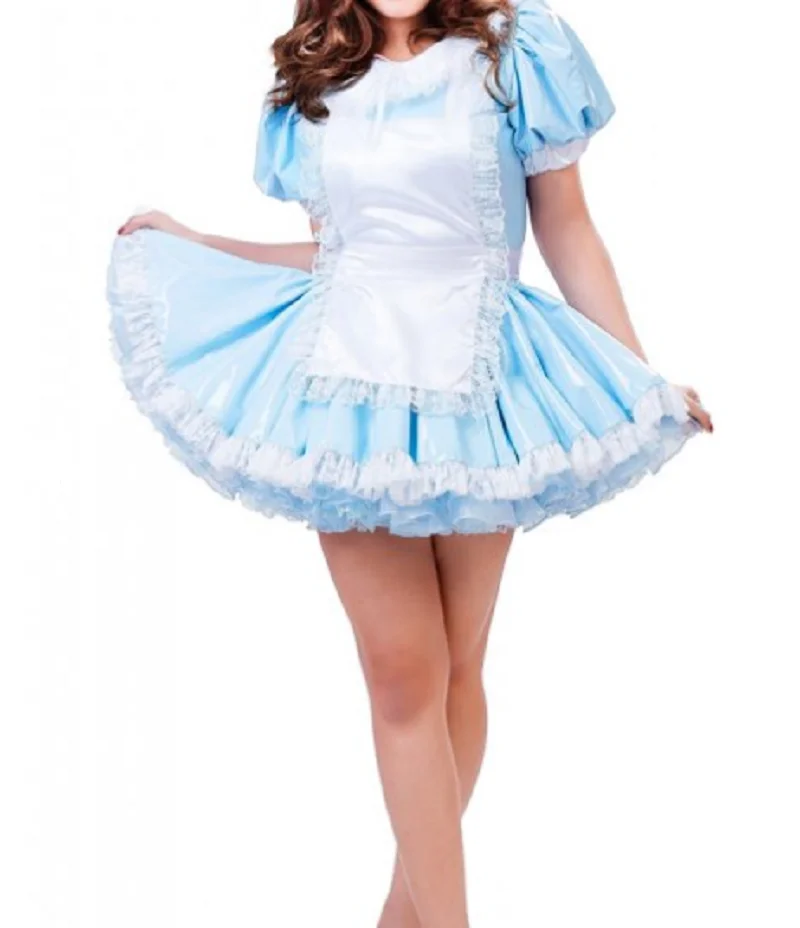 

Blue Sissy Satin Fluffy Independent Apron Ruffle Shoulder Fluffy Bubble Sleeve Maid Dress Customization