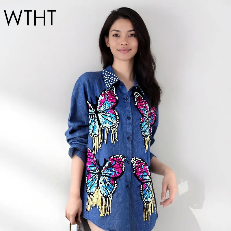 

WTHT Trendy Women's Colorful Tassel Sequins Butterfly Denim Shirt 2025 Autumn Fashion Lapel Long Sleeves Blouse Female 1LS2710