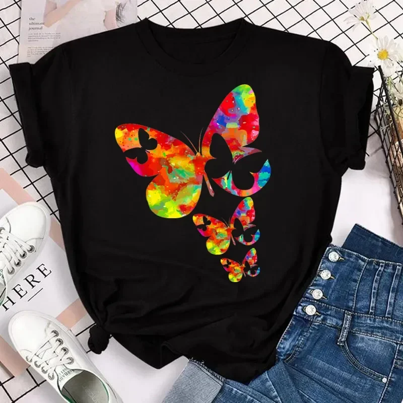 New Fashion Women T-shirt Short Sleeve and Round Neck Cute Graphic Tee Colorful Butterfly Petal Print Shirts Female Tops Clothin