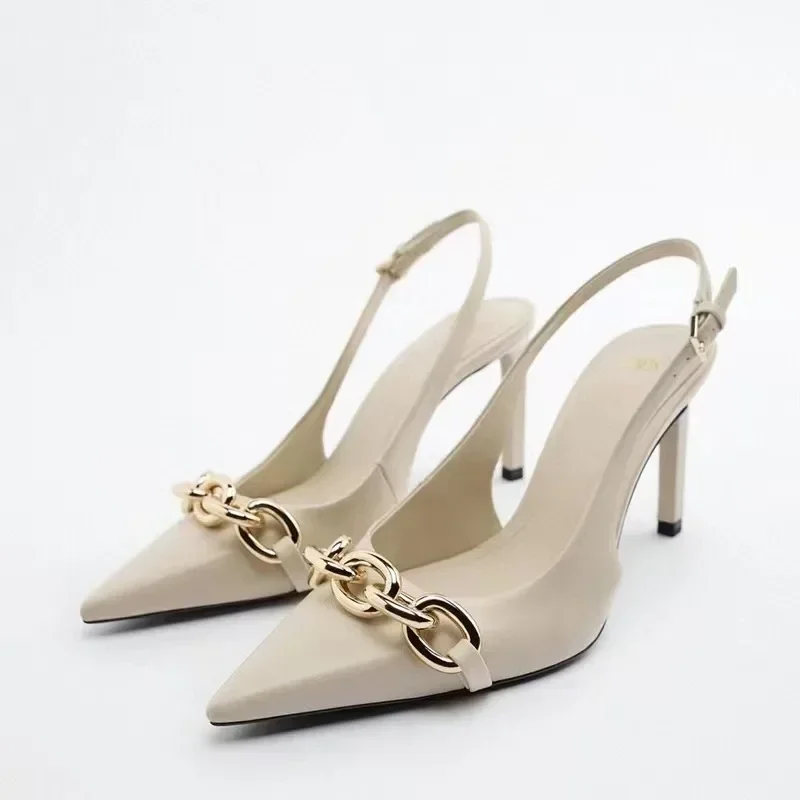 

Luxury Metal Chain Designer 2025Summer Sexy Pointed Women's High Heels Fashion Wedding Party Comfortable Stiletto Sandals Women