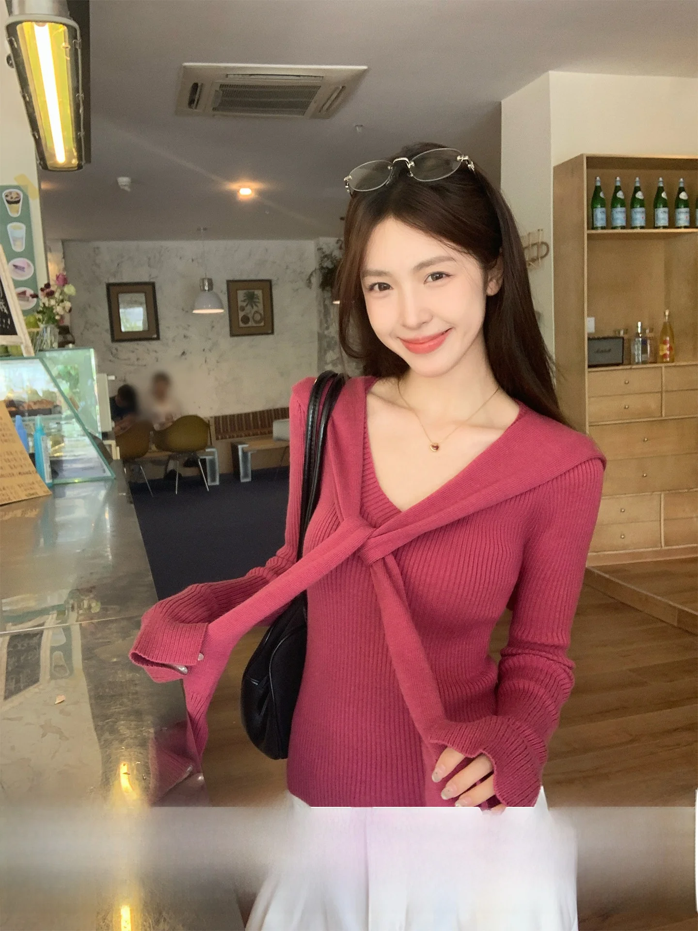 

Съемный вязаный свитер Morning Bloom розового цвета, женский, с V-образным вырезом, длинными рукавами, базовый слой, корейский стиль, мягкий трикотаж тонкой вязки