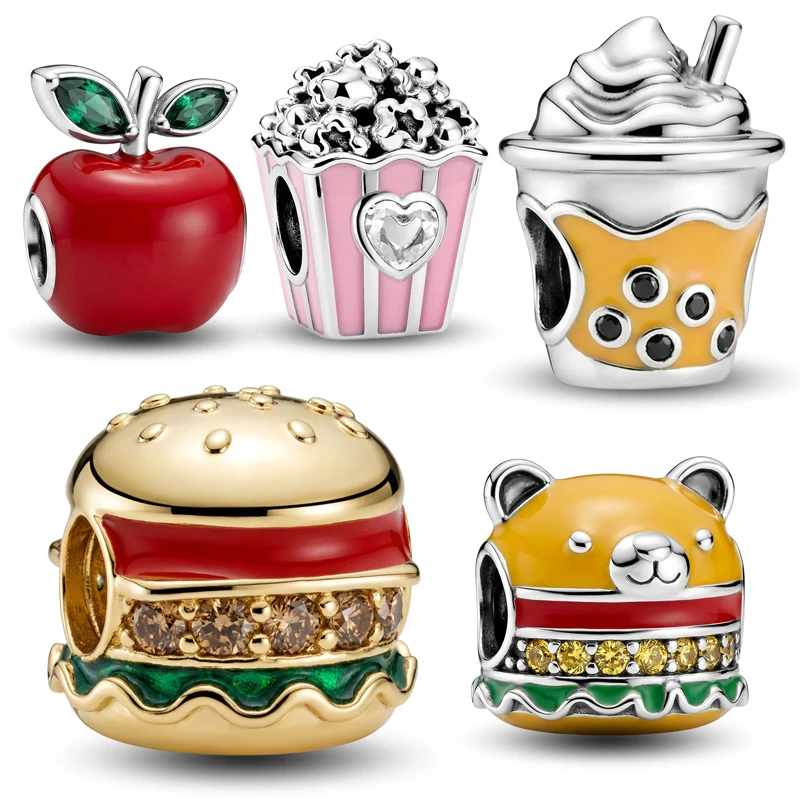 925 Silberfarbene, modische, personalisierte Burger-, Apfel-, Popcorn- und Bubble-Tea-Perlen für DIY-Armbänder – hochwertiges Schmuckgeschenk