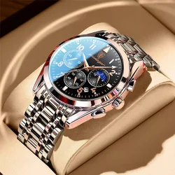 POEDAGAR Men Watch Luxury Business Quartz Watches Stainless Steel Strap Waterproof Luminous Sport Chronograph Men's Wristwatch