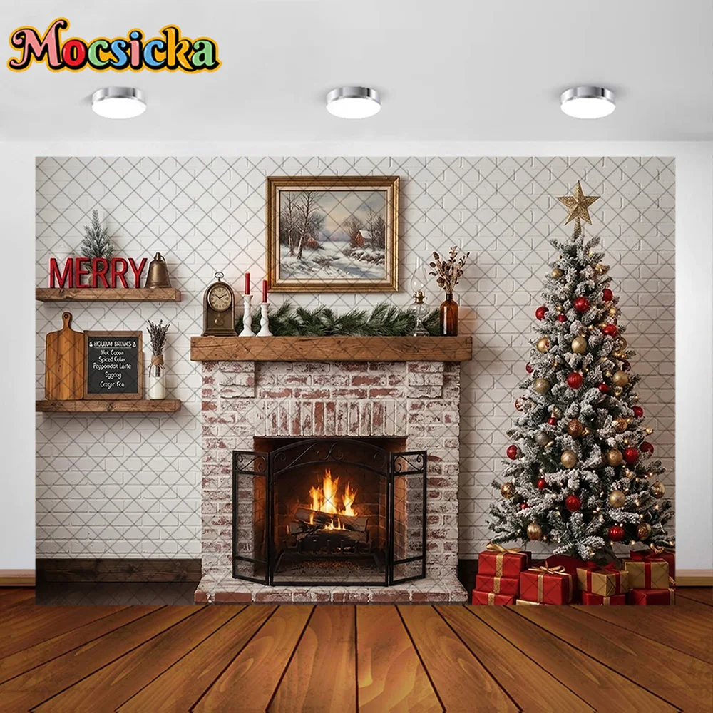 Mocsicka 3D Corner Room Photography Backdrop White Brick Wall Fireplace Plaid Rug Decoration Kid Xmas Party Portrait Studio Prop