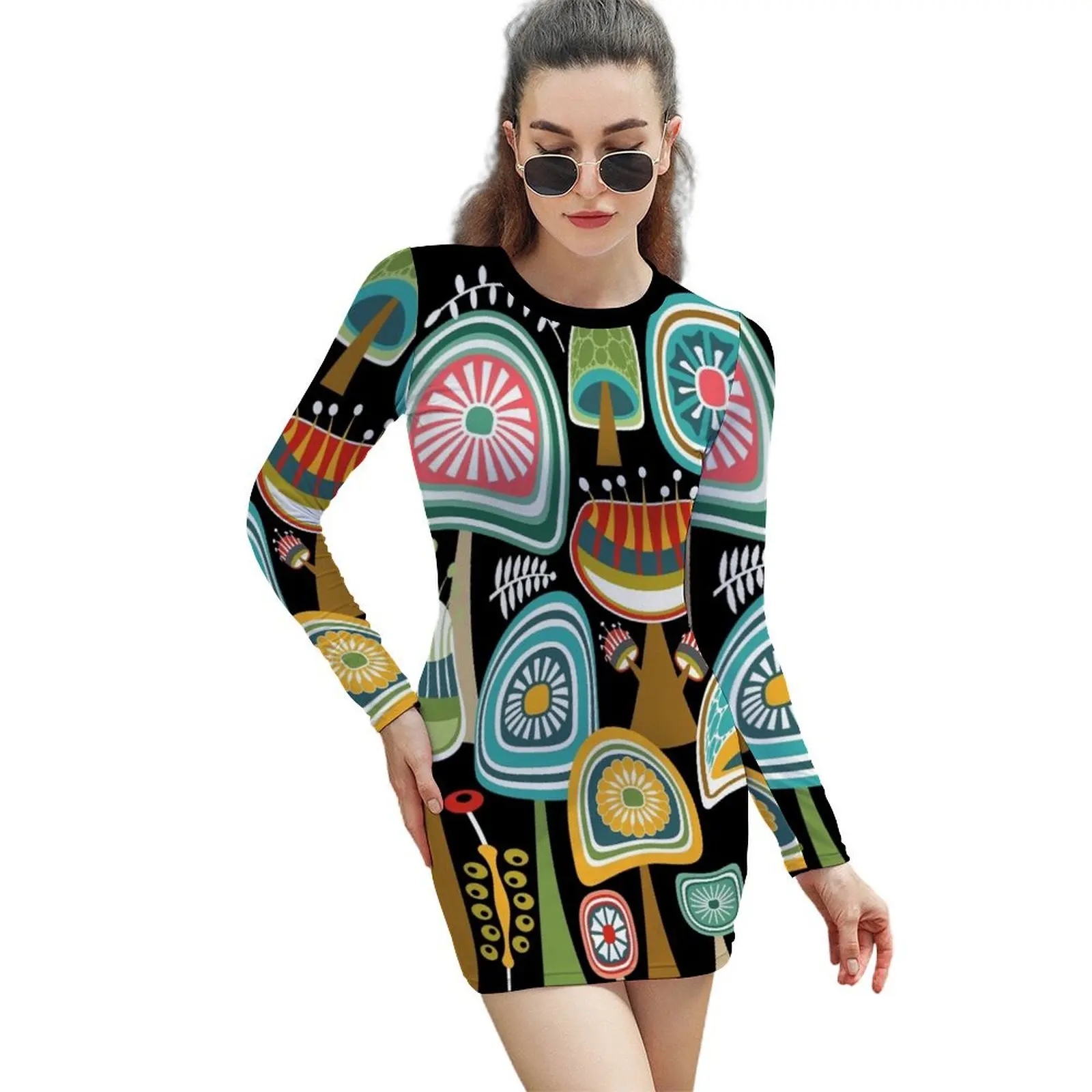 

Colorful Mid Century Modern Mushrooms // Large Scale Long-Sleeved Sheath Dress summer dresses for women 2024 dresses for woman