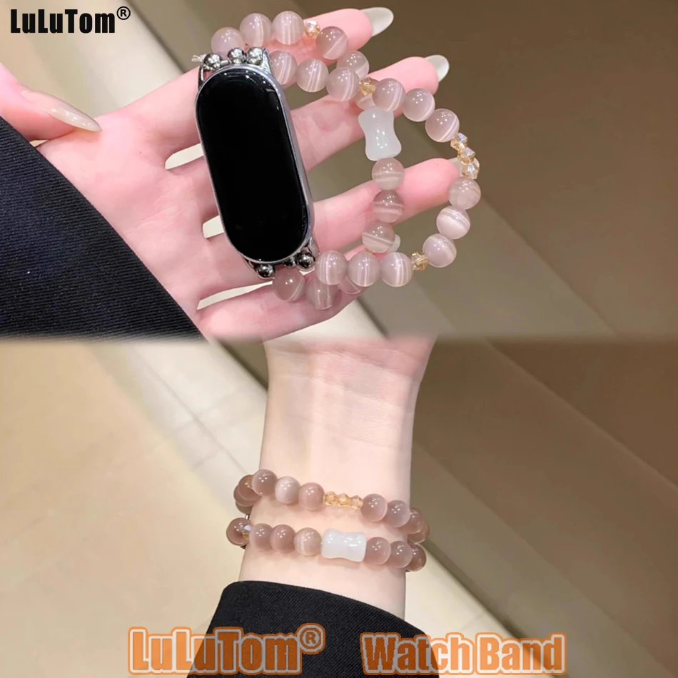 Strap For Xiaomi Mi Band 10 9 8 Pro Fashion Cat's Eye Crystal Watchband For Miband 8Pro 9 Pro Beaded Elastic Bracelet Wristband