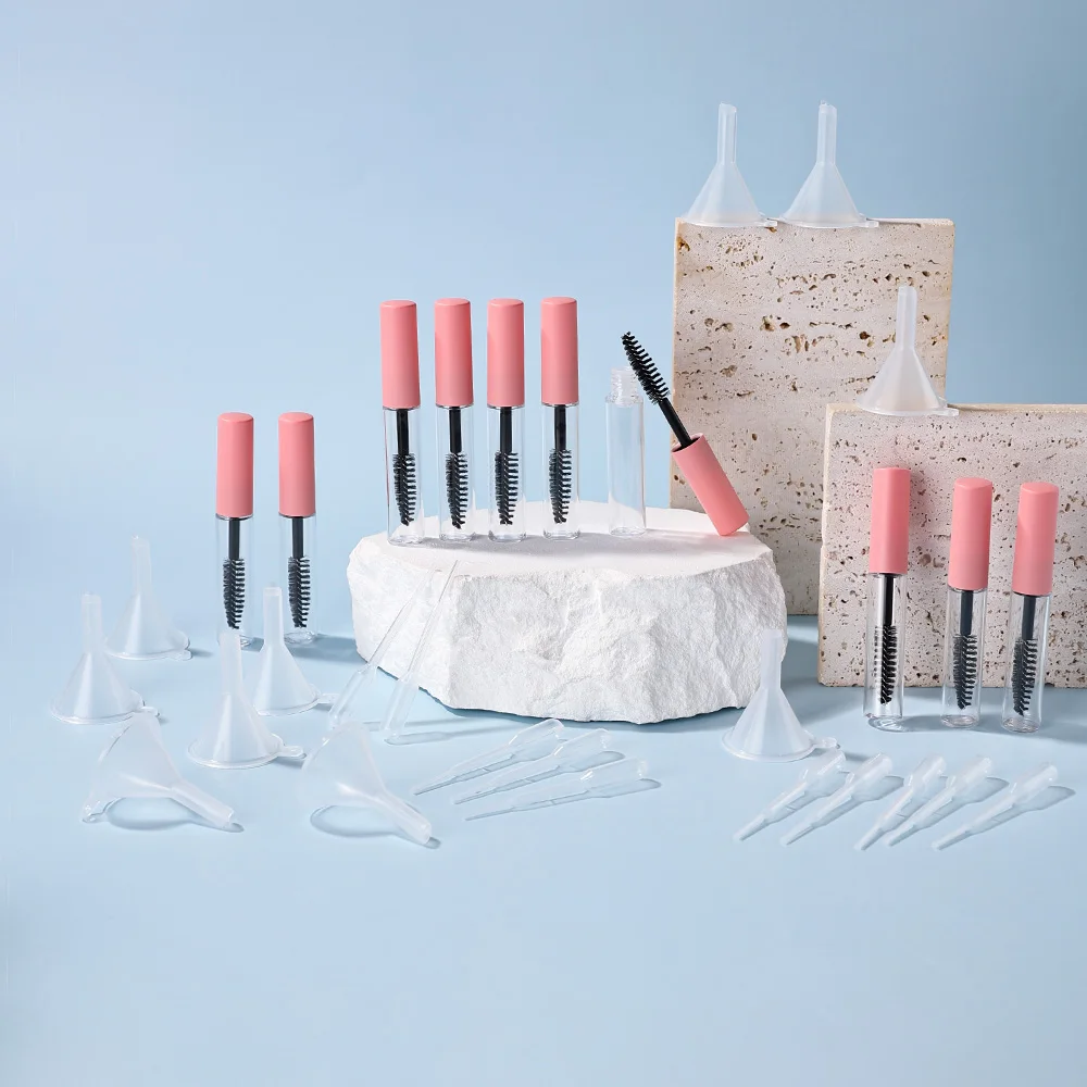 10個 5ml ピンクキャップ 空のマスカラ詰め替えボトル 10個の漏斗と10個のスポイト付き - マスカラ、ブロウジェル、アイライナー用の漏れ防止