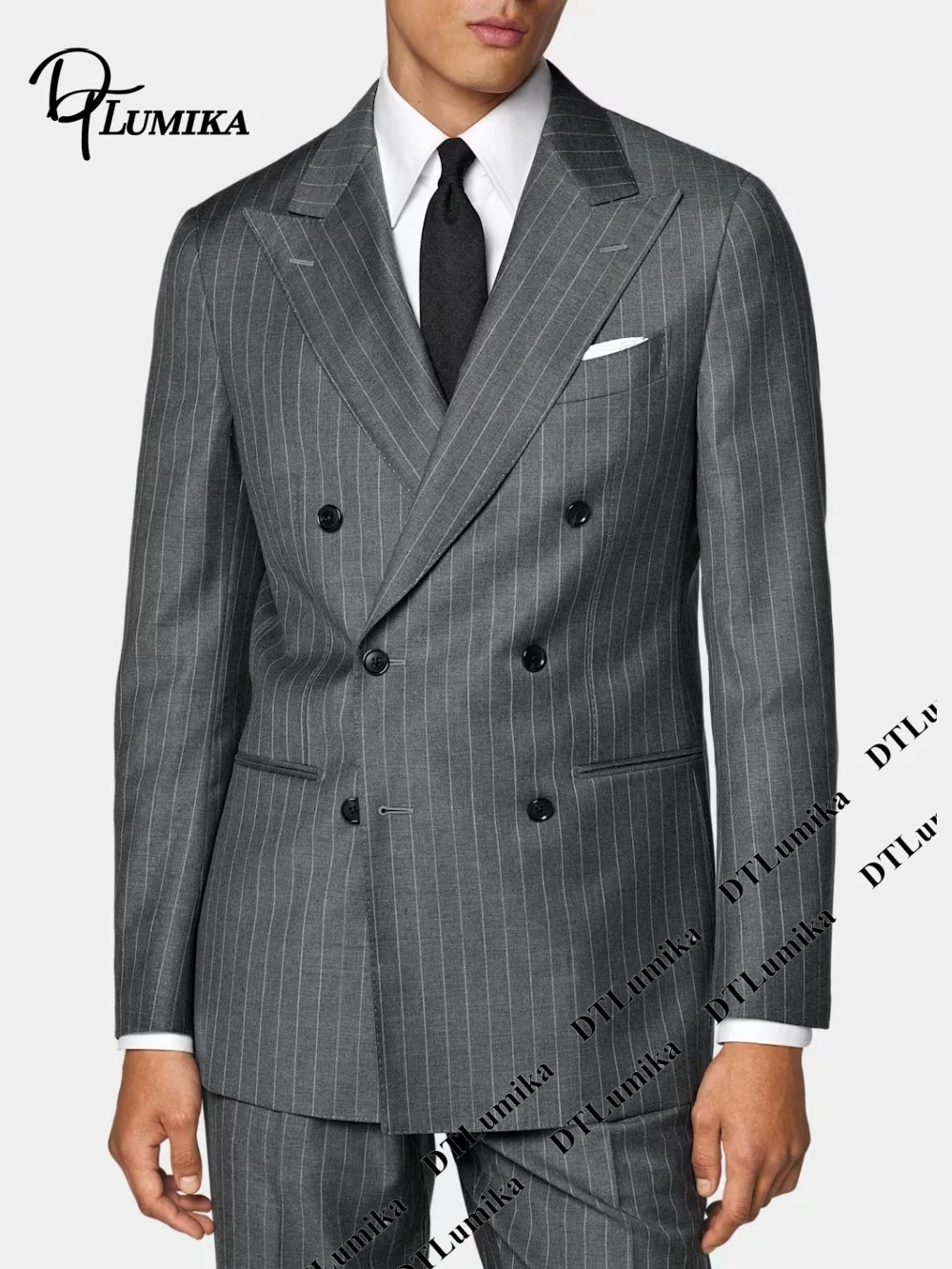 DTLumika Custom Grey Pinstripe Double-Breasted Men’s 2-Piece Suit (Jacket + Trousers) Formal Business Suit Set Blazer Pants
