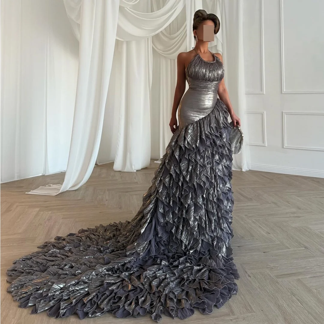 

Luxury Ruffles Evening Dresses Halter Neck Layers vestidos de noche Elegant Prom Dress Exquisite Wedding Party Gown Customized