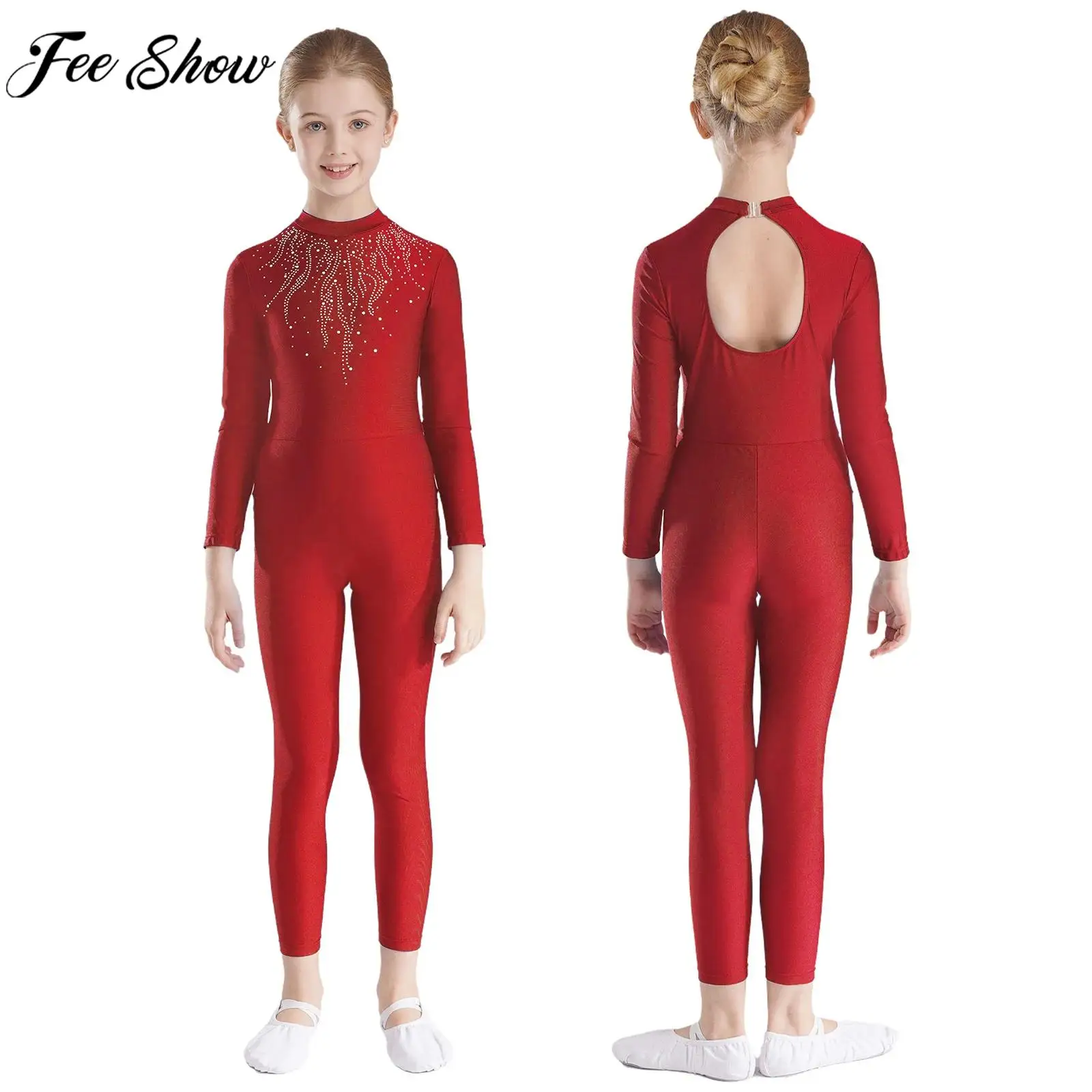 Teen Girls Figure Skating Jumpsuit Long Sleeve Shiny Rhinestones Gymnastics Ballet Dance Acrobatics Yoga Leotard Dancewear