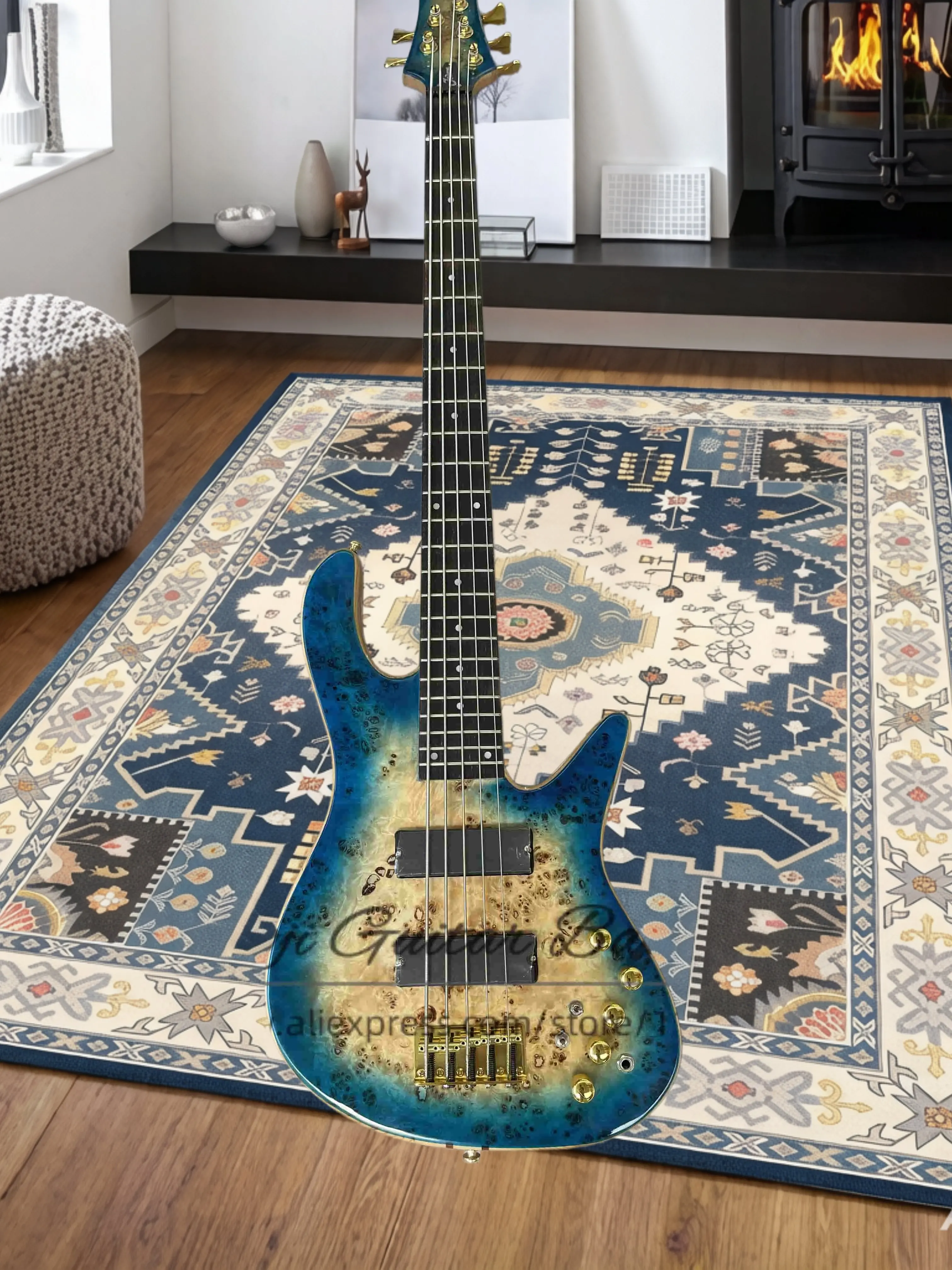 5 Strings Blue Bass Guitar Burl maple top Maple neck through ash body Rose wood fingerboard oval inlaid gold  bridge active line