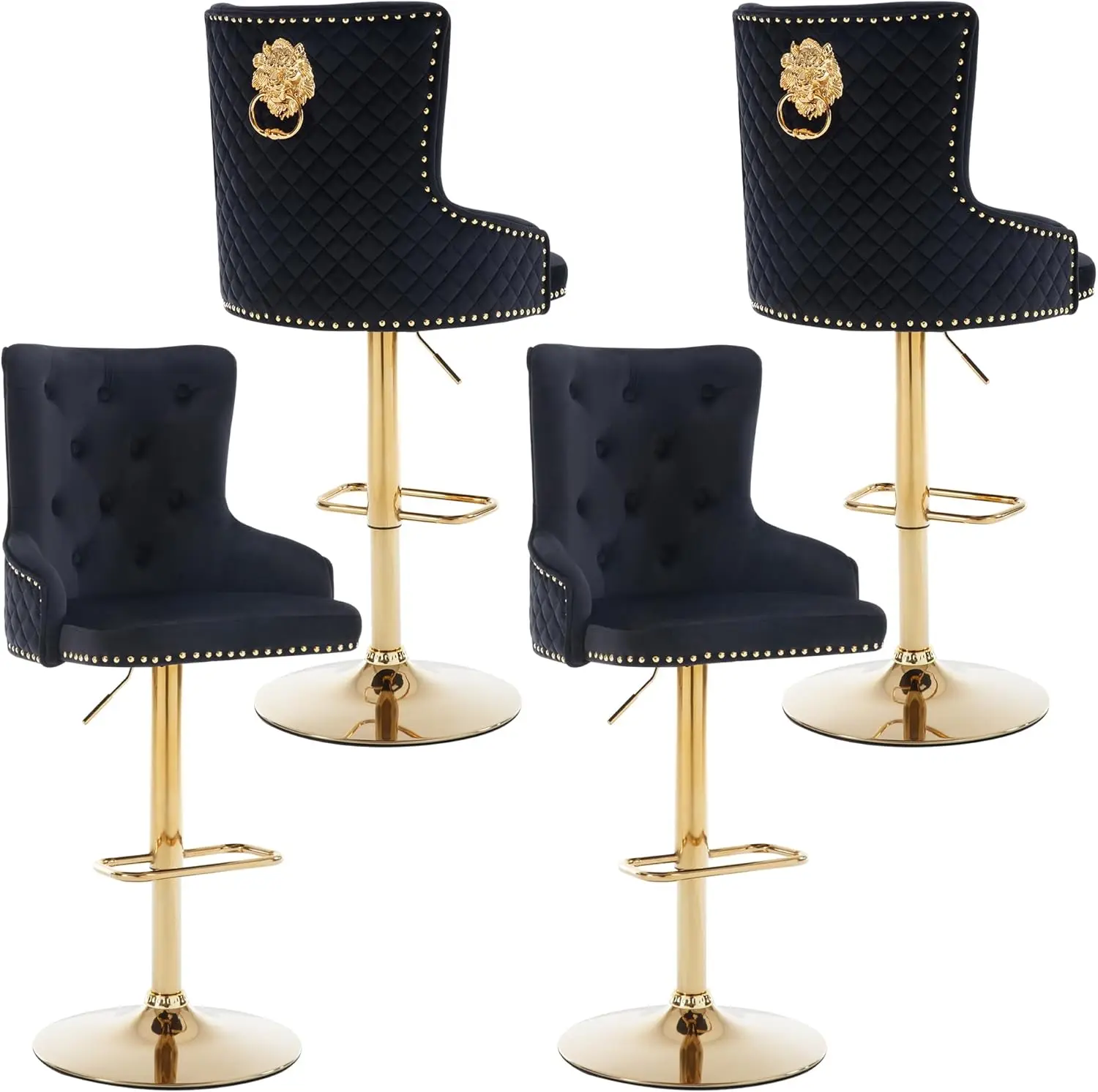 

Gold Bar Stools Set of 4 Modern Velvet Counter Height Adjustable Barstools with Diamond Lattice Wingback Rivet Trim & Lion