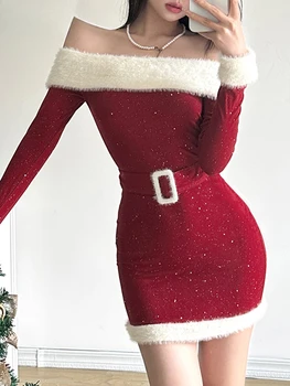 Image Christmas Party Dress Slim Patchwork Fur Trim Bodycon Dress With Belt Casual Slash Neck Long Sleeve Mini Dresses Women vestidos