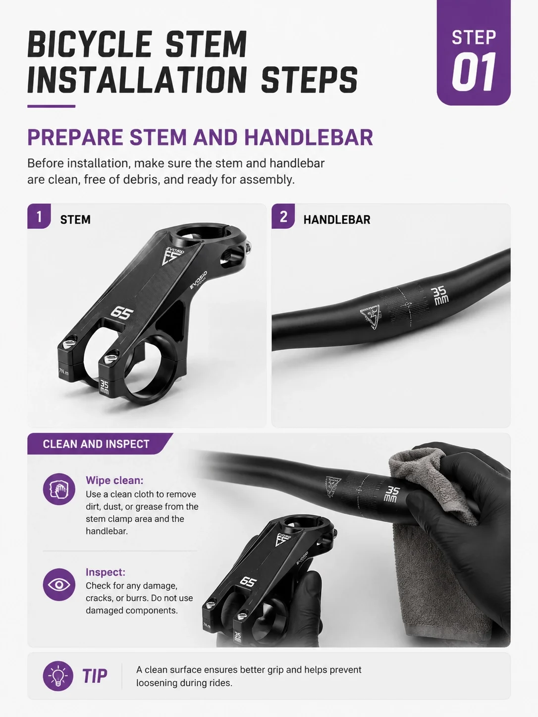 EVOSID Mountainbike-Vorbau 35MM Hochfester MTB-Fahrradvorbau -65 ° Degree MTB Bike Handlebar Riser Table 31,8 mm für XC/DH/AM/FR – Detail 4