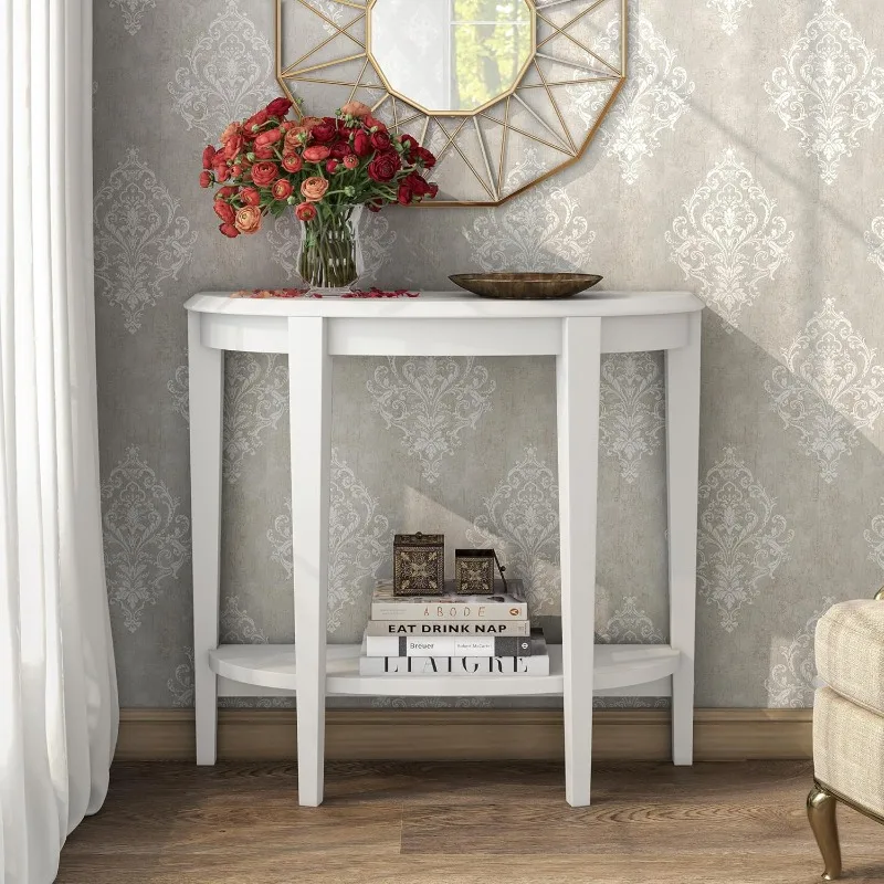 Modern half-moon decorative cabinet table with storage shelves, living room, hallway, entryway