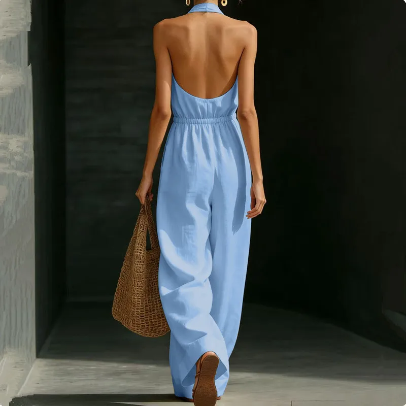 2026 New V-Neck Halter Women Jumpsuits French Style Hollow Out Back Wide Leg Romper Chic Office Casual One Piece Jumpsuit