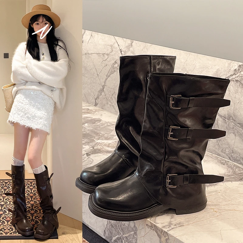 Sepatu Bot Setengah Betis Wanita Tinggi Musim Semi dan Gugur 2025 Model Baru Sepatu Bot Setinggi Lutut