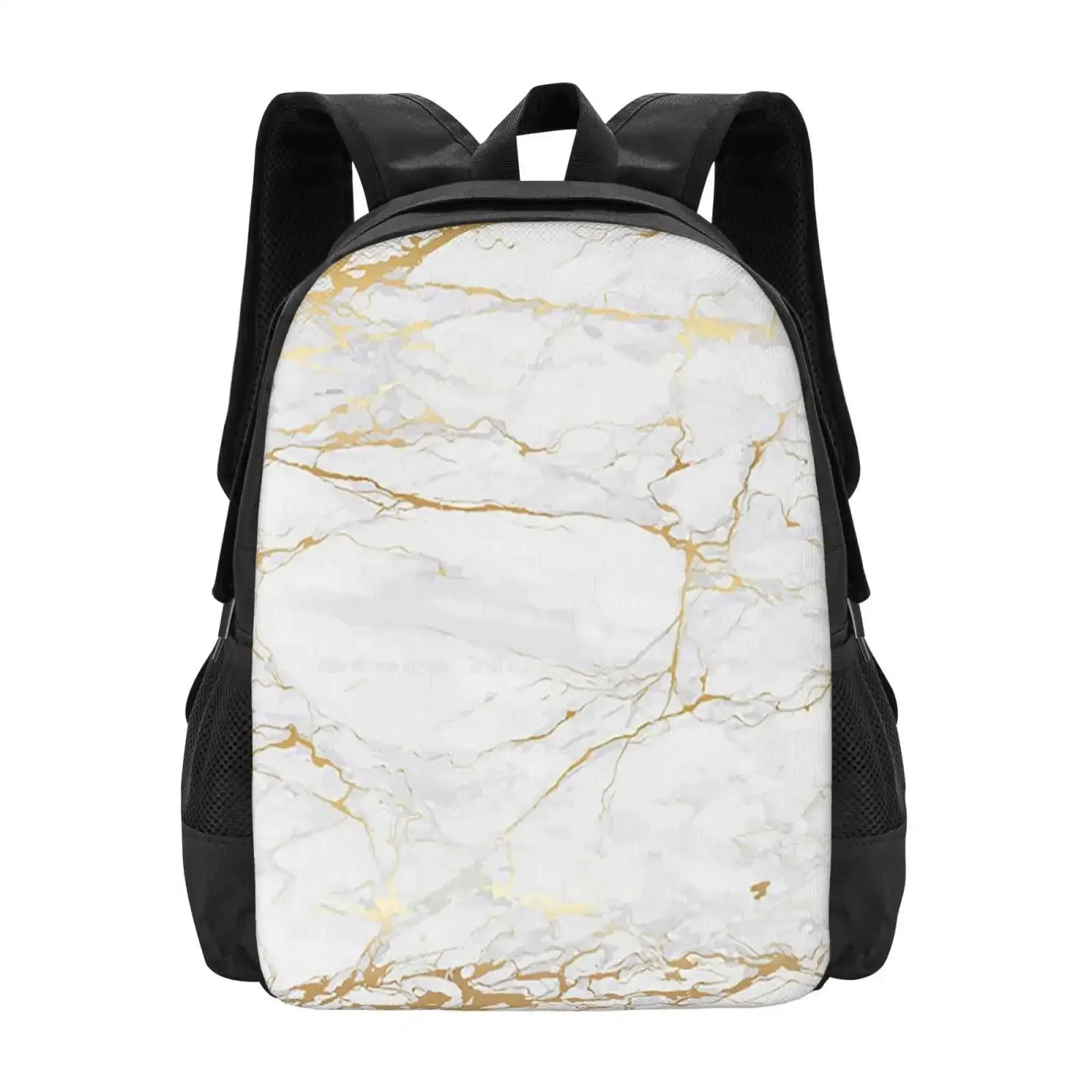 

White And Gold Marble Hot Sale Schoolbag Backpack Fashion Bags Marble White Golden Stone Natural Cute Fun Trendy Trending