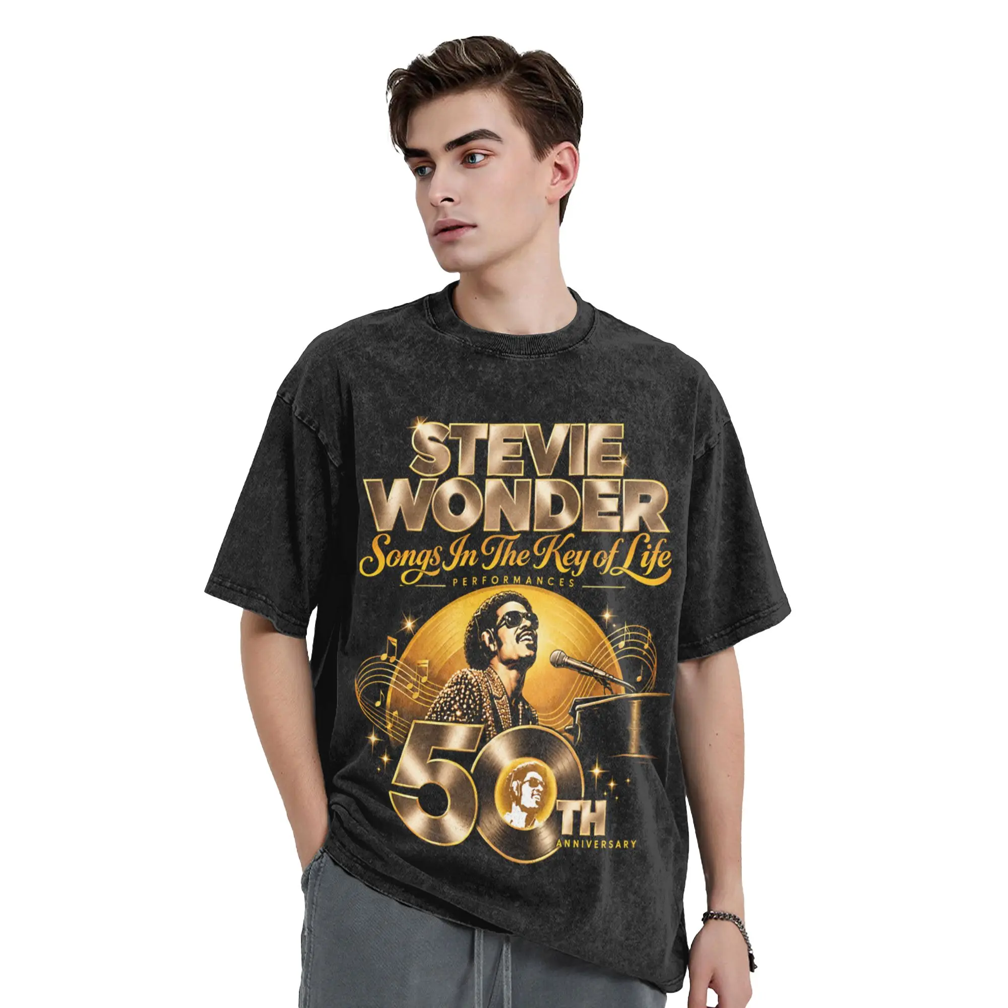 S-Stevies Wonders Songs In the Key Of Life 50th Anniversary Washed T Shirts Streetwear T-Shirt Tee Men Women 100% Cotton Printed