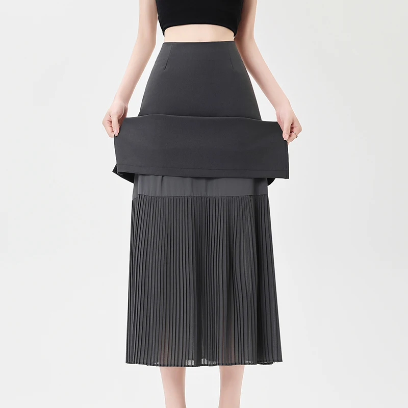 Femmes mode mousseline de soie Patchwork plissé côté fente jupe Midi Vintage taille haute femme Chic bureau dame a-ligne jupes