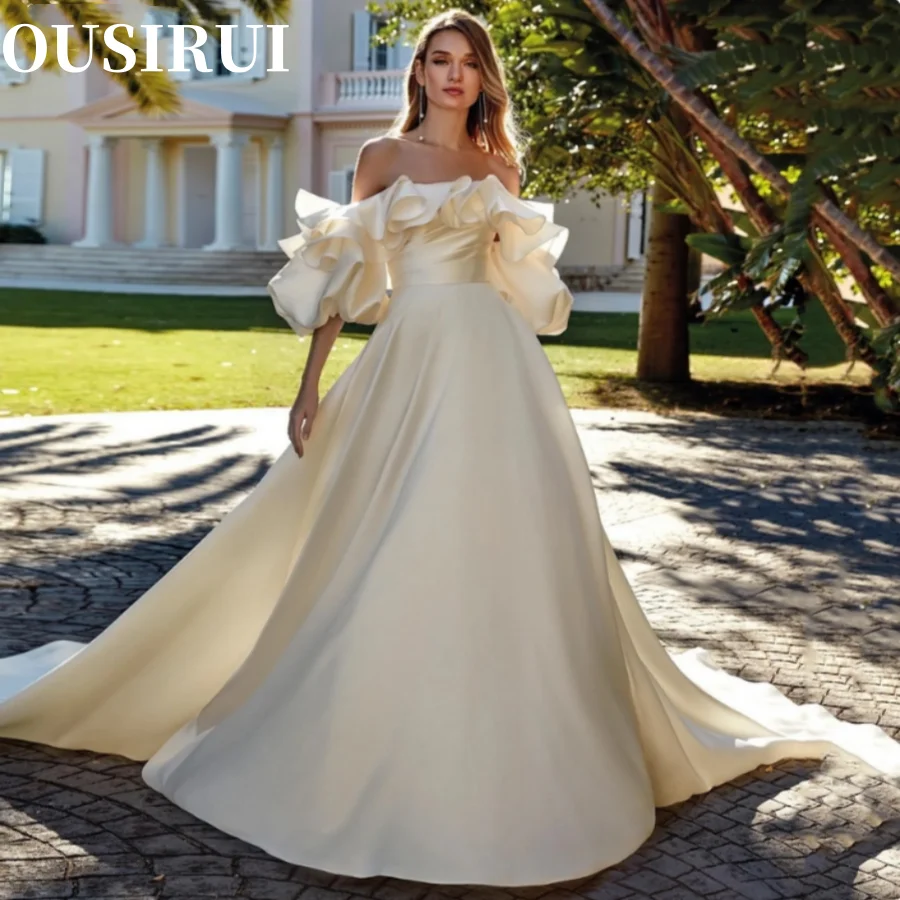 

OUSIRUI Party Dress Satin Ruffles Satin Pleated Long Bridal Wedding Champagne A Line Wedding Dresses Formal Bride Gowns 2024