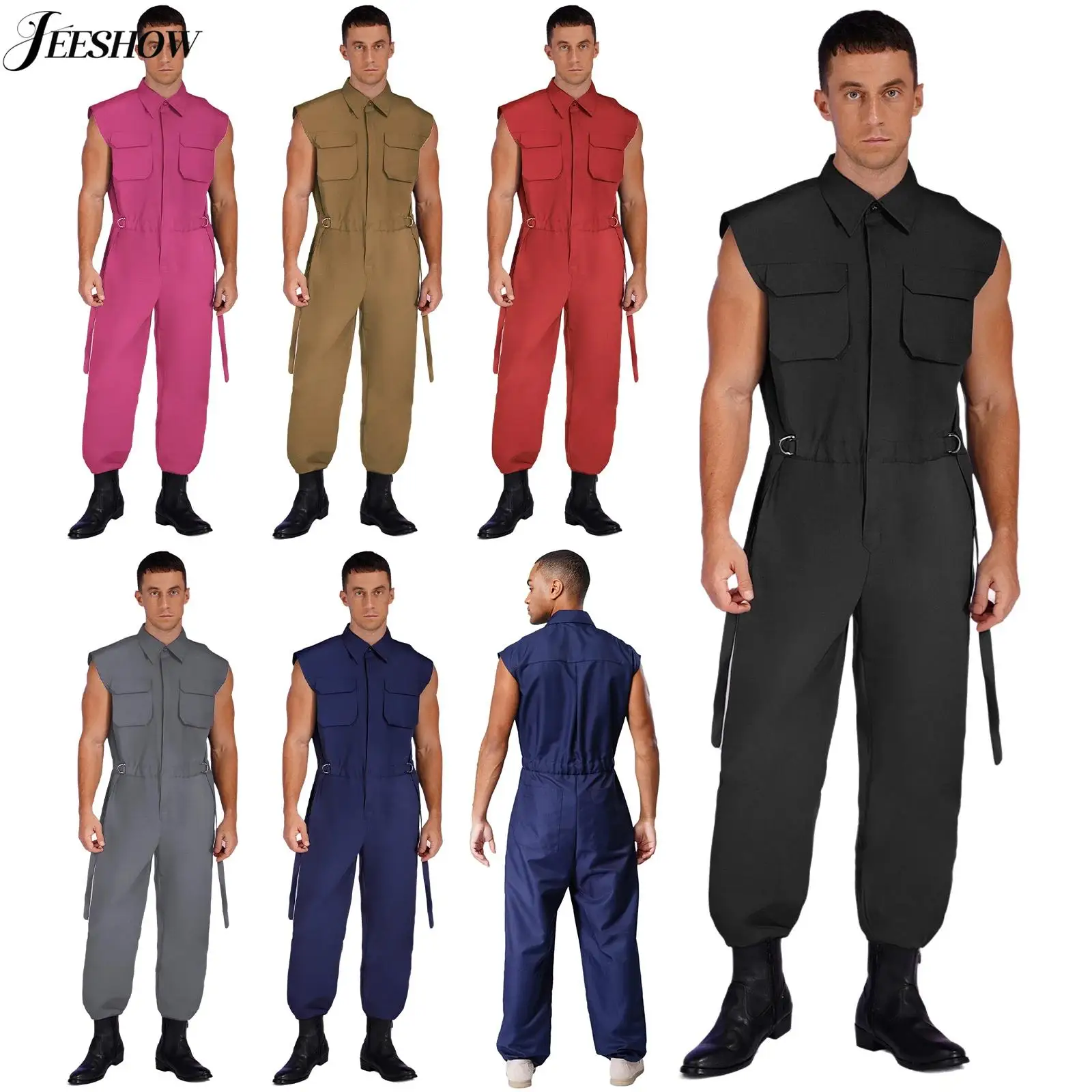 

Mens Wear Resistant Coveralls Dustproof Turn-down Collar Sleeveless Button Up Drawstring Waist Jumpsuit Workshop Overalls