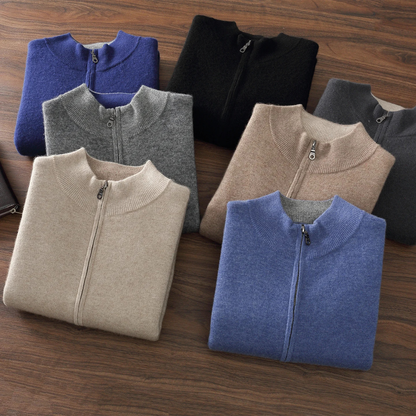 

Autumn Winter Men Zipper Cardigan Cashmere Sweater Mock Neck Long Sleeve Clothing 100% Cashmere Knitwear Smart Casual Basic Coat