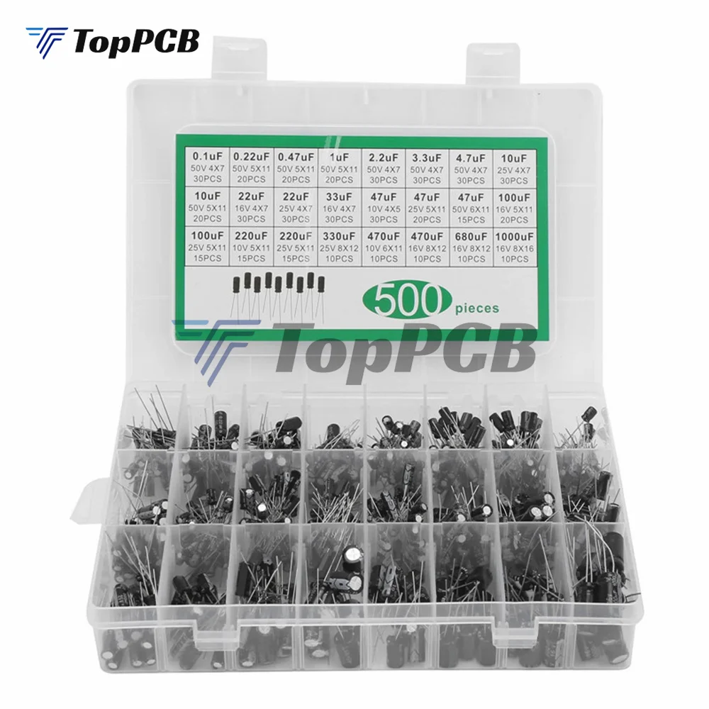 

500 шт./партия, алюминиевые конденсаторы 16-50 в, 0,1-1000 мкФ, 24 значения