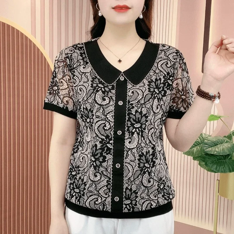 Fashion Korean Floral Short Sleeved T-shirt Women's Polo Collar Simple Temperament Patchwork Gauze Buttons Summer New Loose Top