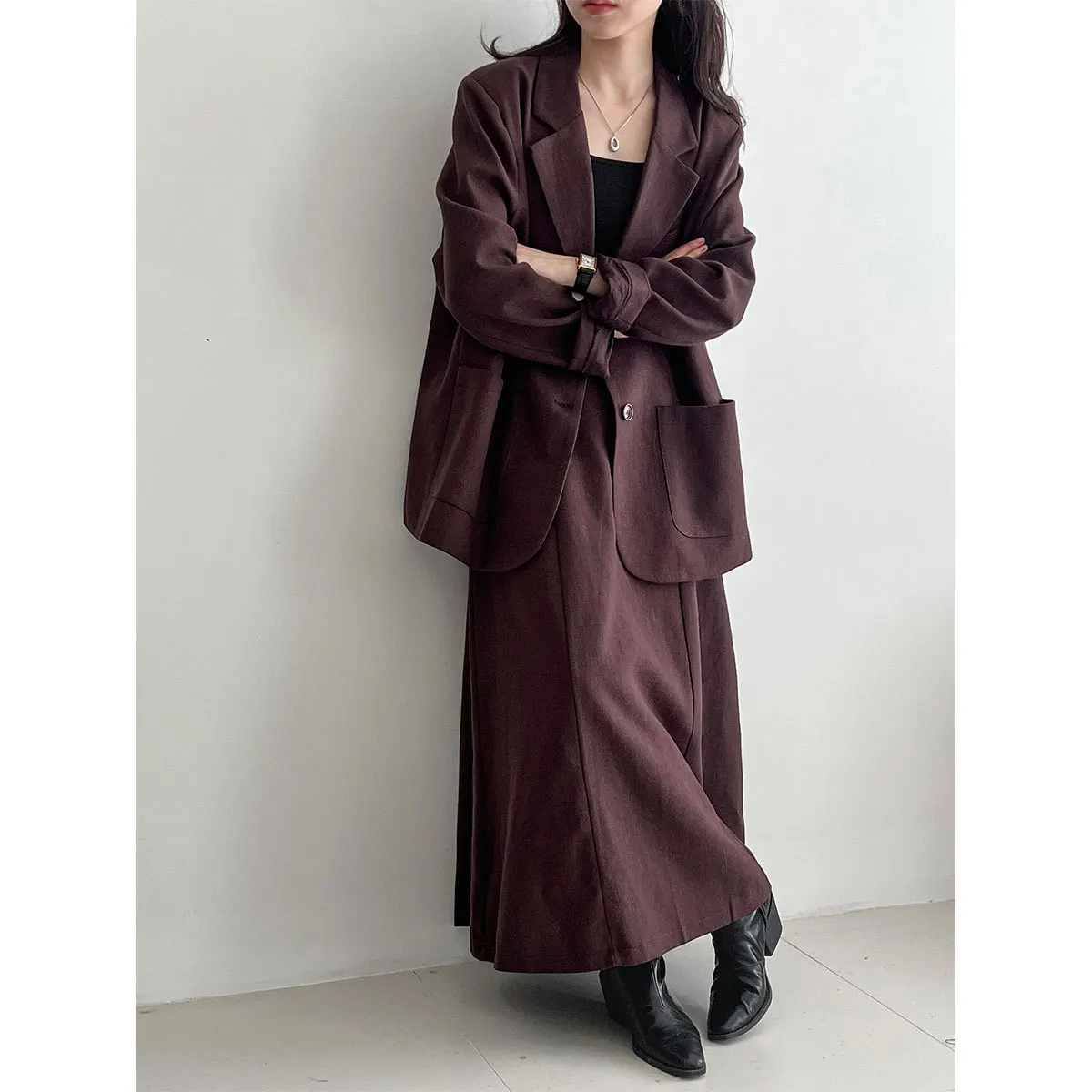 SuperAen Korean Style Casual Linen and Cotton Blazer for Women's Autumn New Fashion Elegant A-line Long Skirts Sets