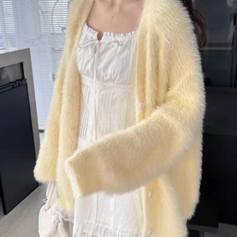 

Imitation Mink Velvet Lazy Wind Sweater Coat Women's Autumn and Winter Pocket Design Sense Knitted Cardigan Women
