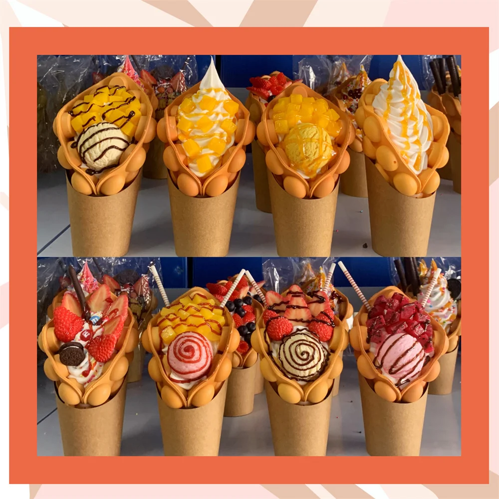 

Multiple Styles Fruit Bubble Waffles Choose Simulated Food Model Order Prop Sample Decoration Shop Cream Wndow Snacks Tart Pink