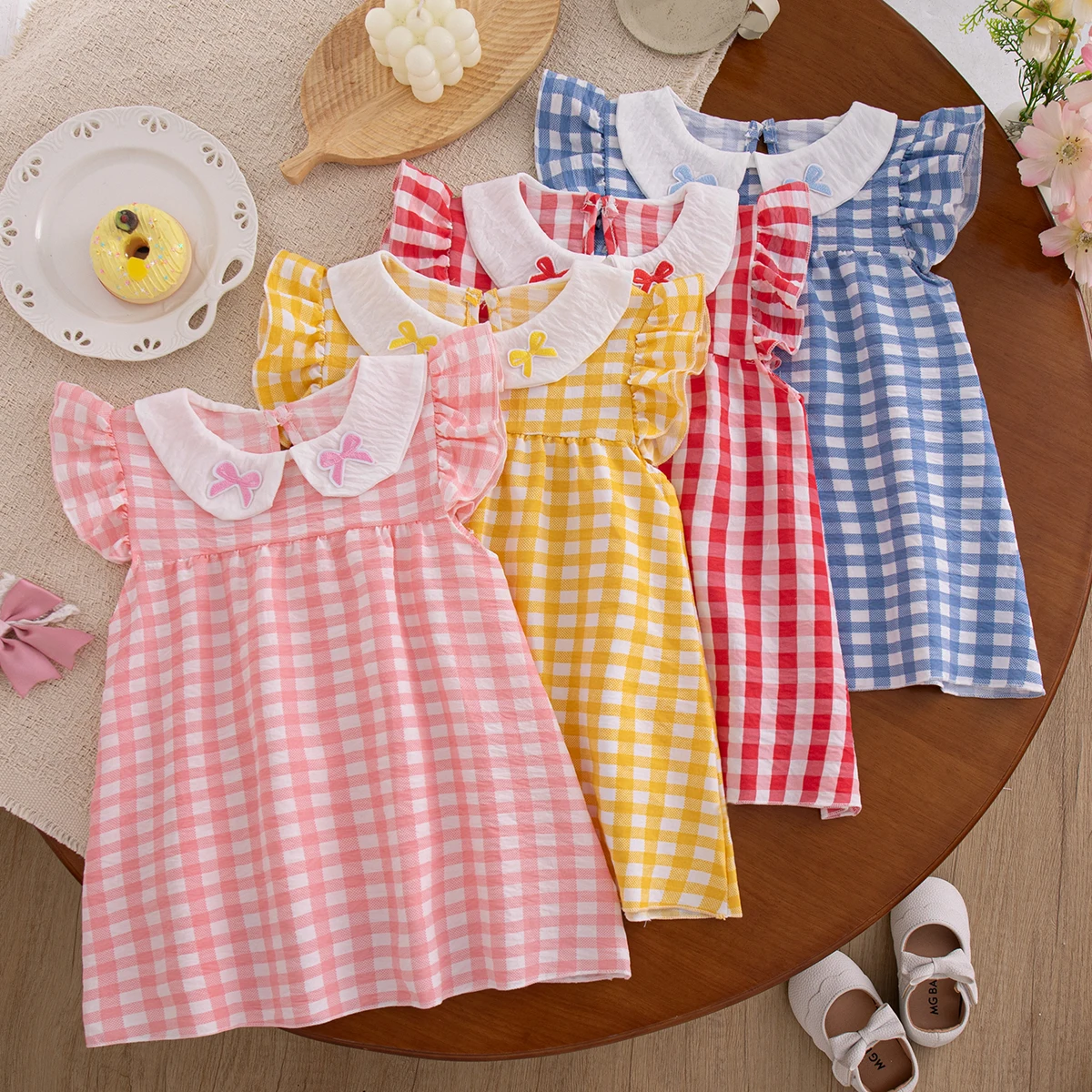 Baby-Mädchen-Kleid, Sommerkleid aus Baumwolle, kariert, mit Schleife, kleine fliegende Ärmel, Babykleider, süßes und niedliches Prinzessinnenkleid, Babykleidung