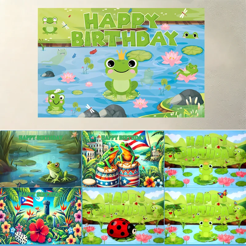 Frosch-Geburtstags-Hintergrundbanner Frosch-Themen-Geburtstagsparty für Kinder Dekorationszubehör Fotografie-Hintergrund Studio-Requisiten