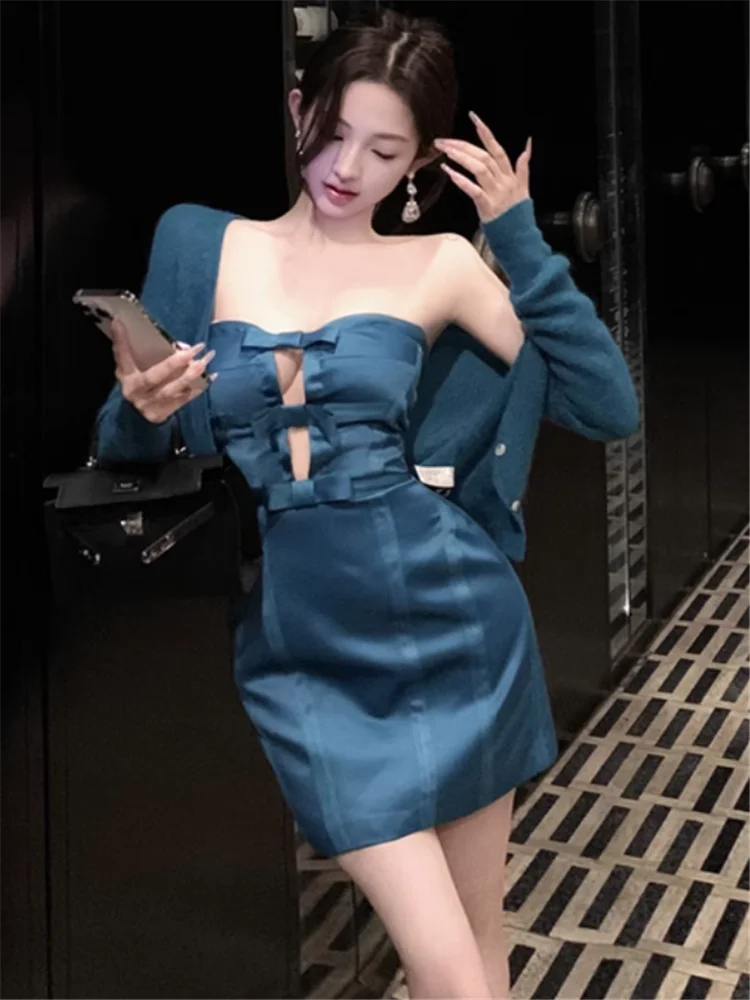

Strapless Women Summer Sexy Hollow Bow Peacock Blue Mini Party Dress Slash Neck Sleeveless Fashion Birthday Short Pencil Dress