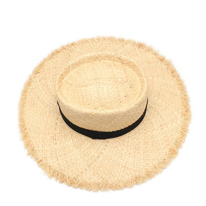 New ladies raffia hat with elegant bow Korean style straw hat women flat top panama hat UV protection summer vacation hat cap