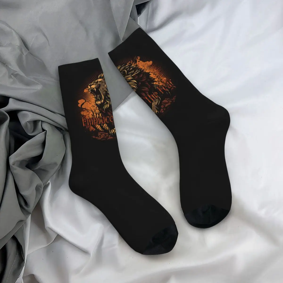 Chaussettes de compression drôles et heureuses pour hommes, la peur de discuter, rétro Harajuku, étreinte, style de rue, motif fantaisie, équipage, élan