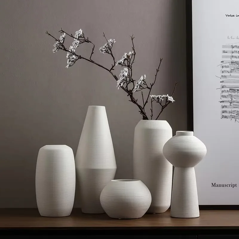 Assorted Contoured Bloom Vessel Set Uniform Horizontal Fine Groove Matte Pale Tone Tabletop Dried Branch Floral Display Decor