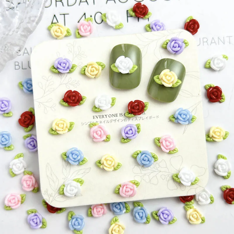 30PCS Resin Rose Nail Art Decorations Minimalist Luminous Flower Green Leaf Nail Charms Manicure DIY Charm Crafts