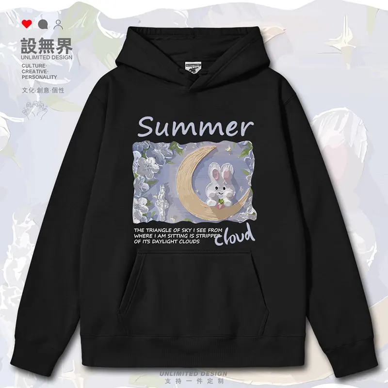 Harajuku style cute rabbit moon 3D oil painting niche mens hoodies clothing new printed sports winter autumn winter clothes